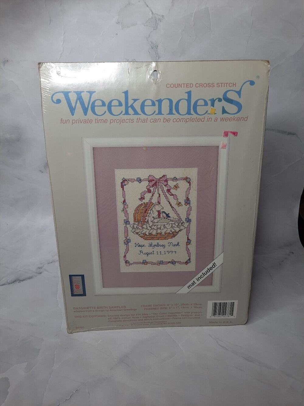 Vintage 1994 JCA Weekenders Cross Stitch Kit Bassinette Birth Sampler 02781